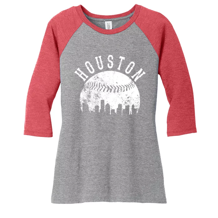 Vintage Houston Texas Sports Baseball Logo Skyline City Women's Tri-Blend 3/4-Sleeve Raglan Shirt