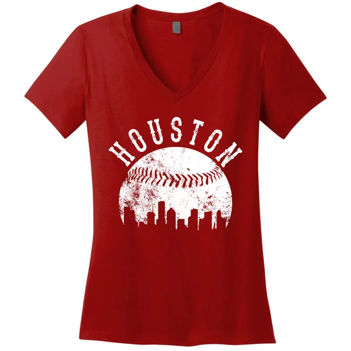 Vintage Houston Texas Sports Baseball Logo Skyline City Women's V-Neck T-Shirt