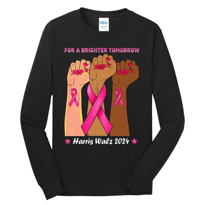 Vote Harris Waltz 2024 Hands Fist Human Rights Breast Cancer Tall Long Sleeve T-Shirt