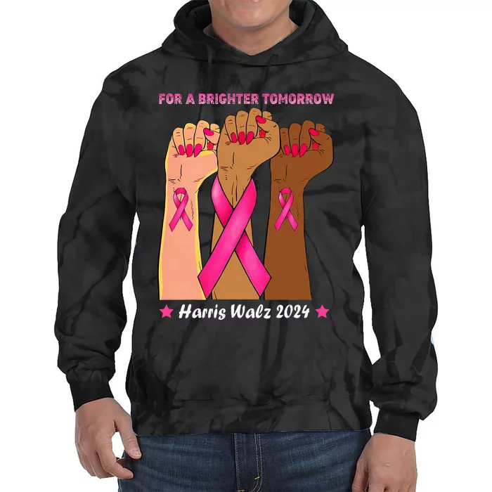 Vote Harris Waltz 2024 Hands Fist Human Rights Breast Cancer Tie Dye Hoodie