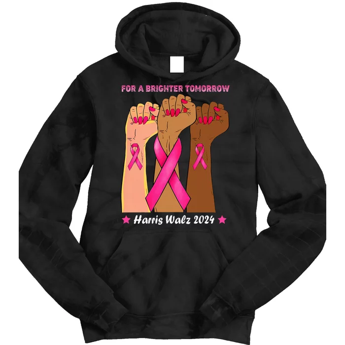 Vote Harris Waltz 2024 Hands Fist Human Rights Breast Cancer Tie Dye Hoodie