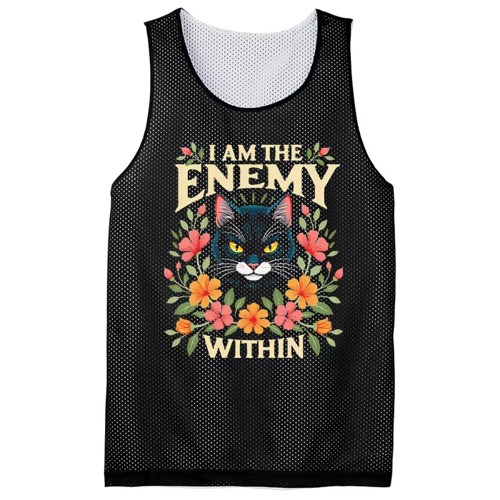 Vintage I Am The Enemy Within Cat Art Flowers Mesh Reversible Basketball Jersey Tank