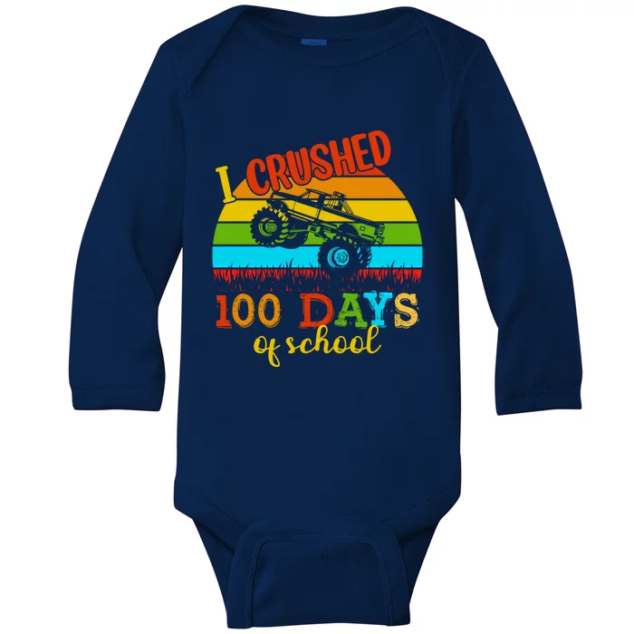 Vintage I Crushed 100 Days Of School Truck Gift Baby Long Sleeve Bodysuit