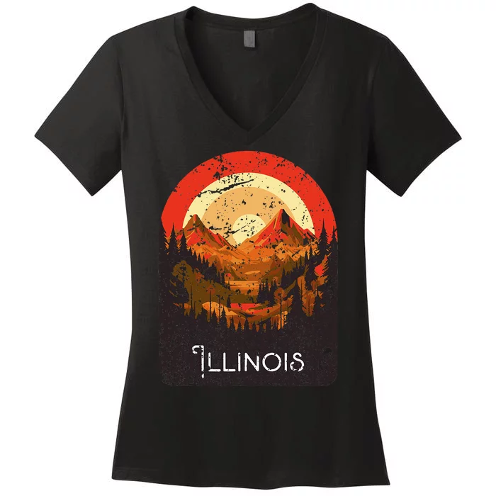 Vintage Illinois Distressed Sunset Mountains Illinois Women's V-Neck T-Shirt