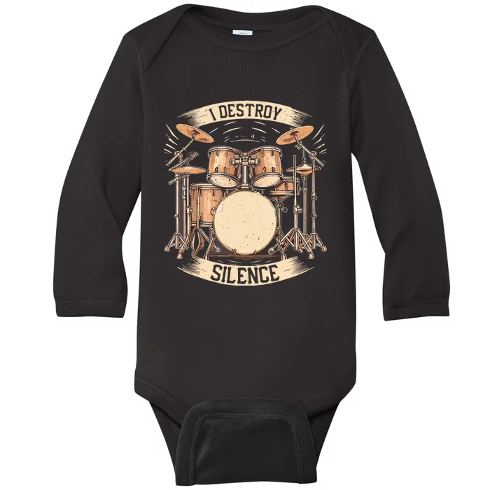 Vintage I Destroy Silence Drummer Teei Destroy Silence Drum Baby Long Sleeve Bodysuit