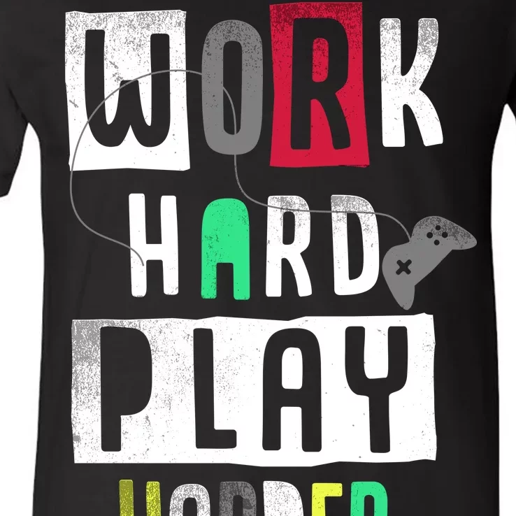 Video Games Work Hard Play Harder Gamer V-Neck T-Shirt