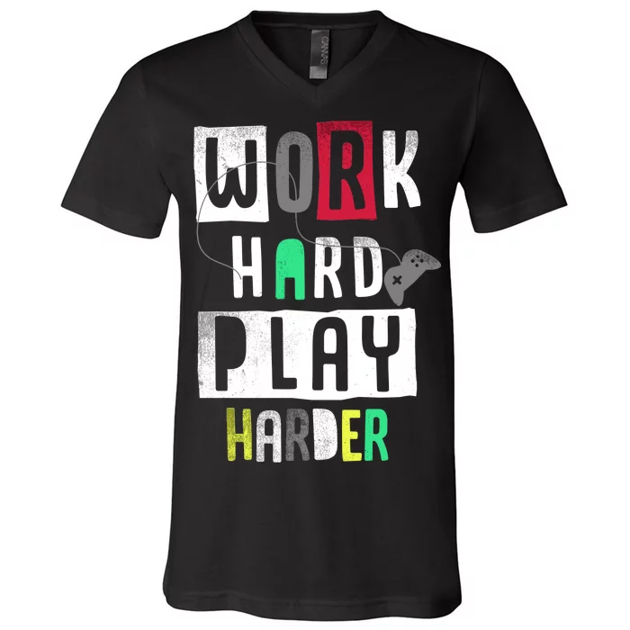 Video Games Work Hard Play Harder Gamer V-Neck T-Shirt