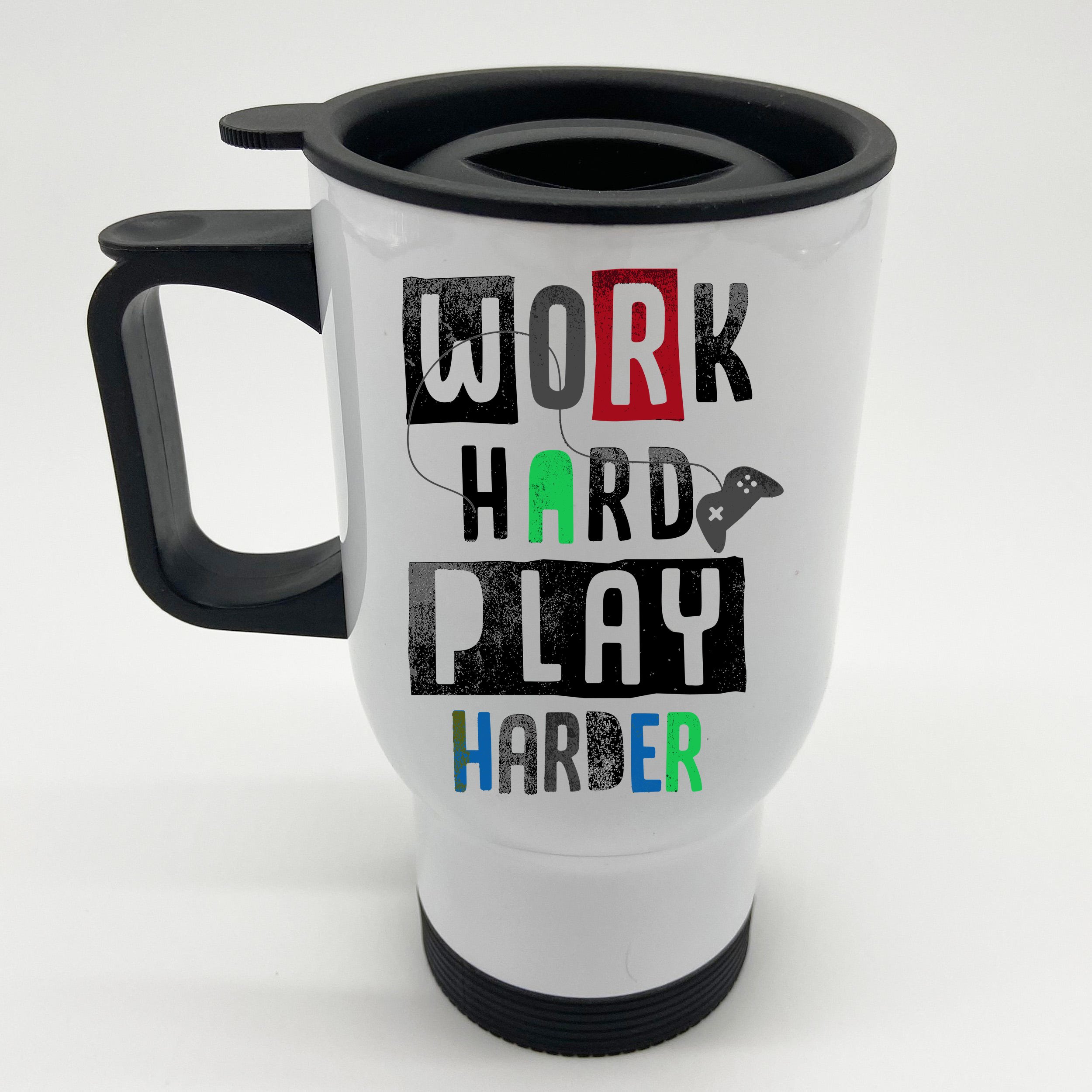 Video Games Work Hard Play Harder Gamer Front & Back Stainless Steel Travel  Mug | TeeShirtPalace