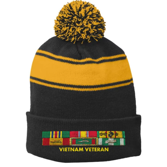 Vietnam Veteran Emblem Stripe Pom Pom Beanie