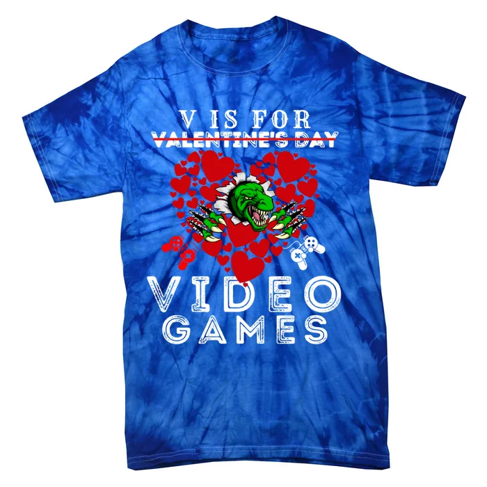 V Is For Video Games Valentines Day Dinosaurs Gift Tie-Dye T-Shirt