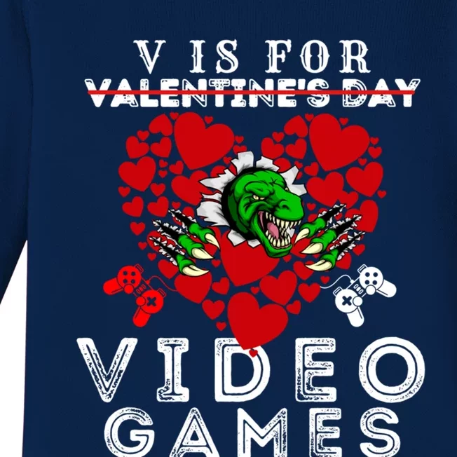 V Is For Video Games Valentines Day Dinosaurs Gift Baby Long Sleeve Bodysuit