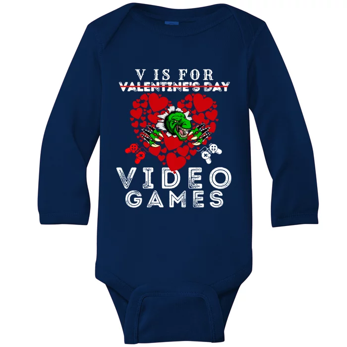 V Is For Video Games Valentines Day Dinosaurs Gift Baby Long Sleeve Bodysuit