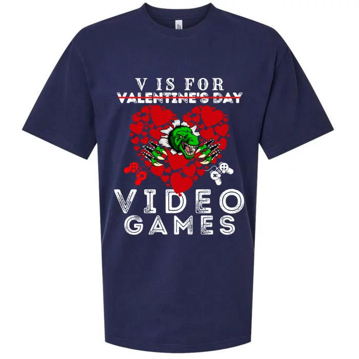 V Is For Video Games Valentines Day Dinosaurs Gift Sueded Cloud Jersey T-Shirt