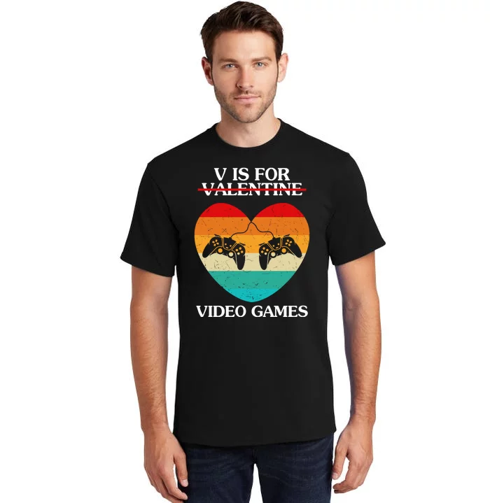 V Is For Valentine Video Games Retro Sunset Heart Tall T-Shirt