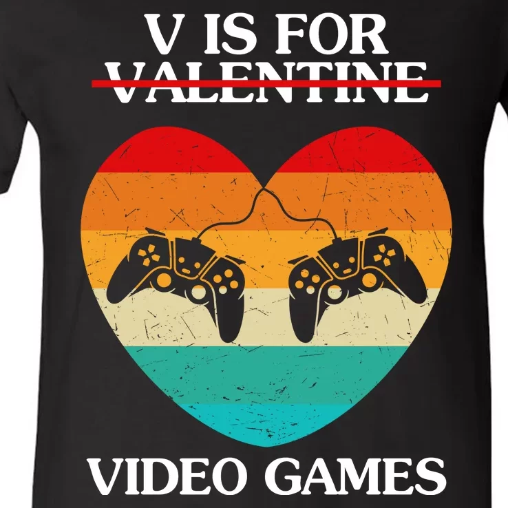 V Is For Valentine Video Games Retro Sunset Heart V-Neck T-Shirt