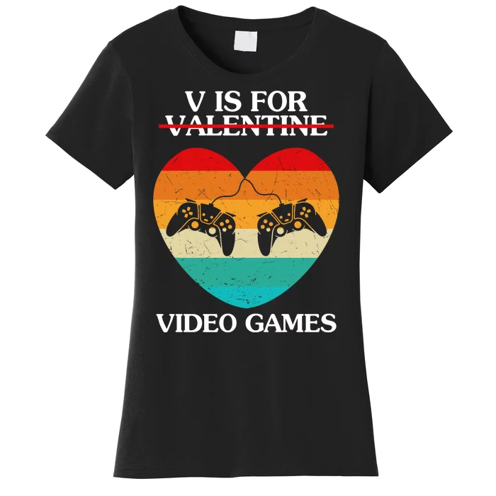 V Is For Valentine Video Games Retro Sunset Heart Women's T-Shirt