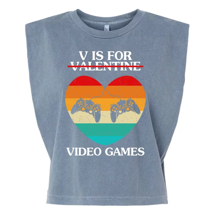 V Is For Valentine Video Games Retro Sunset Heart Garment-Dyed Women's Muscle Tee