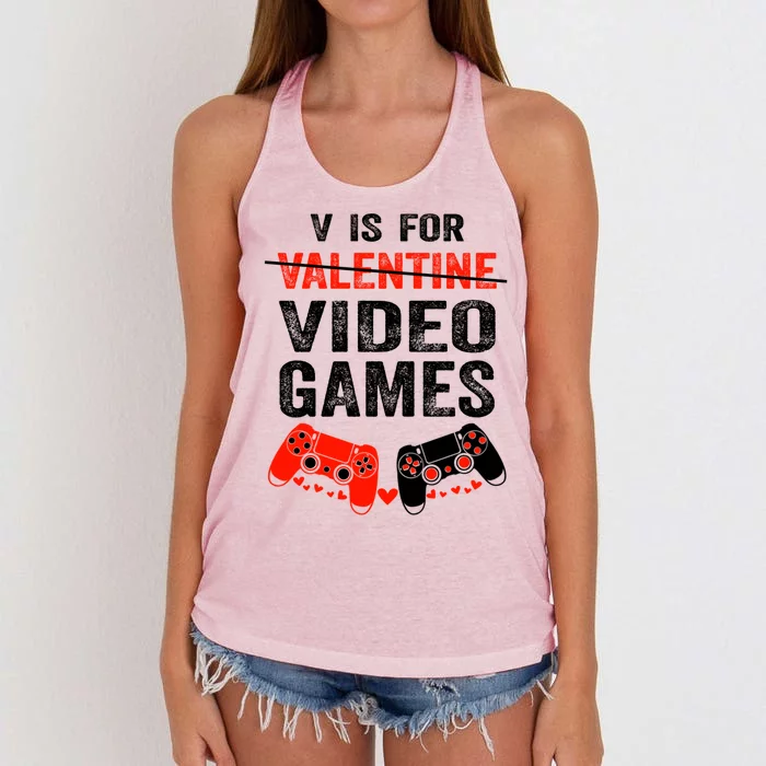 V Is For Video Games Valentines Day Happy Gamer Gift Women's Knotted Racerback Tank