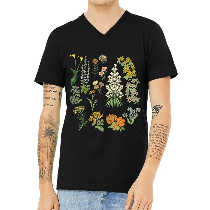 Vintage Inspired Flower Botanical Plants Nature Green Garden V-Neck T-Shirt