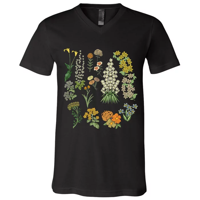 Vintage Inspired Flower Botanical Plants Nature Green Garden V-Neck T-Shirt