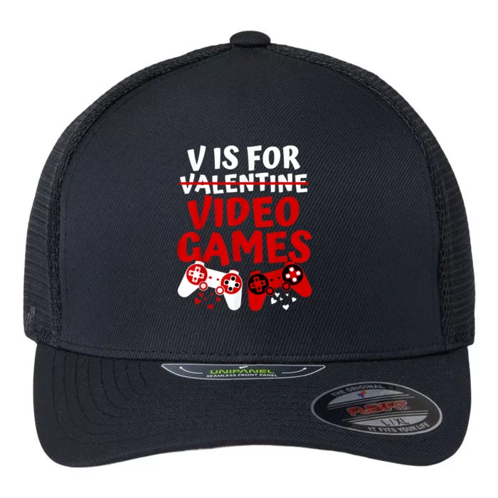 V Is For Video Games Valentines Day Gamer Flexfit Unipanel Trucker Cap