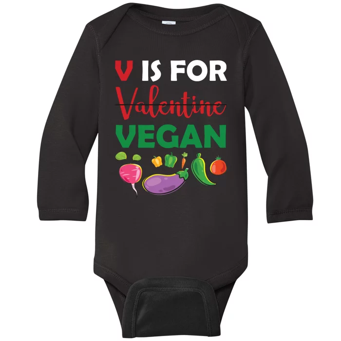 V Is For Vegan Funny Valentines Day Baby Long Sleeve Bodysuit