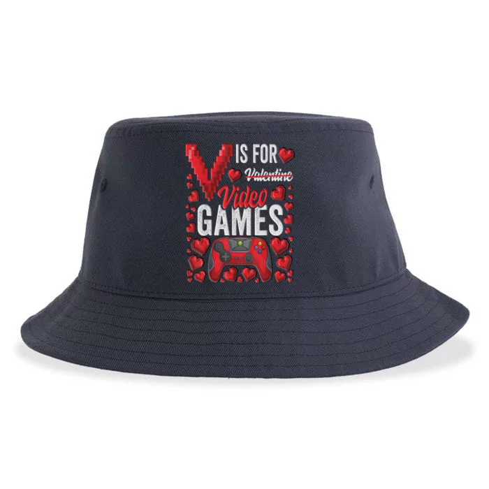 V Is For Video Games Funny Valentines Day Gamer Sustainable Bucket Hat