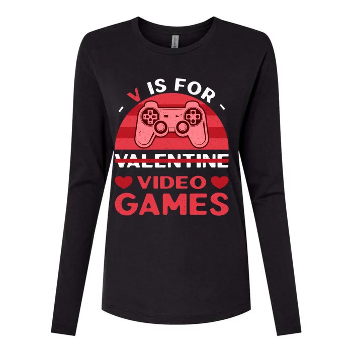 V Is For Video Games I Gaming Heart Controller Funny Gift Womens Cotton Relaxed Long Sleeve T-Shirt