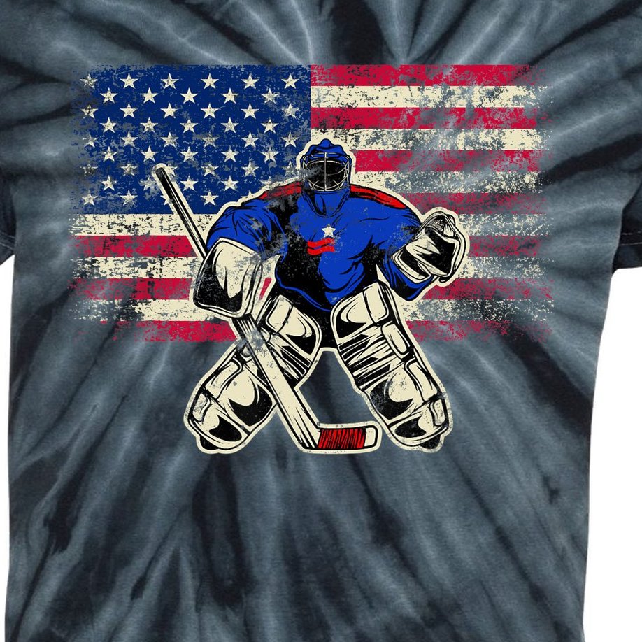 Vintage Ice Hockey Goalie USA Flag Gift For Goalie Kids Tie-Dye T-Shirt