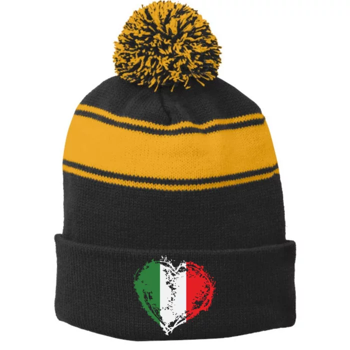 Vintage Italy Heart Shape Italian Flag Stylish Design Stripe Pom Pom Beanie