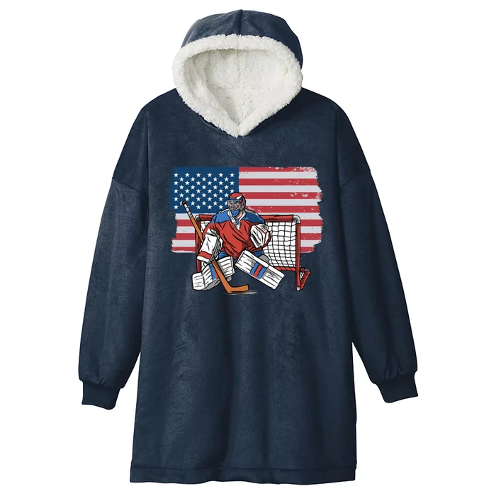 Vintage Ice Hockey Goalie Usa Flag Gift Hooded Wearable Blanket