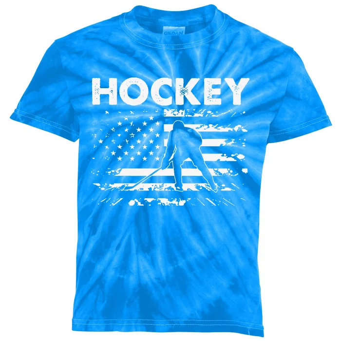 Vintage Ice Hockey American Flag Ice Hockey Player Kids Tie-Dye T-Shirt