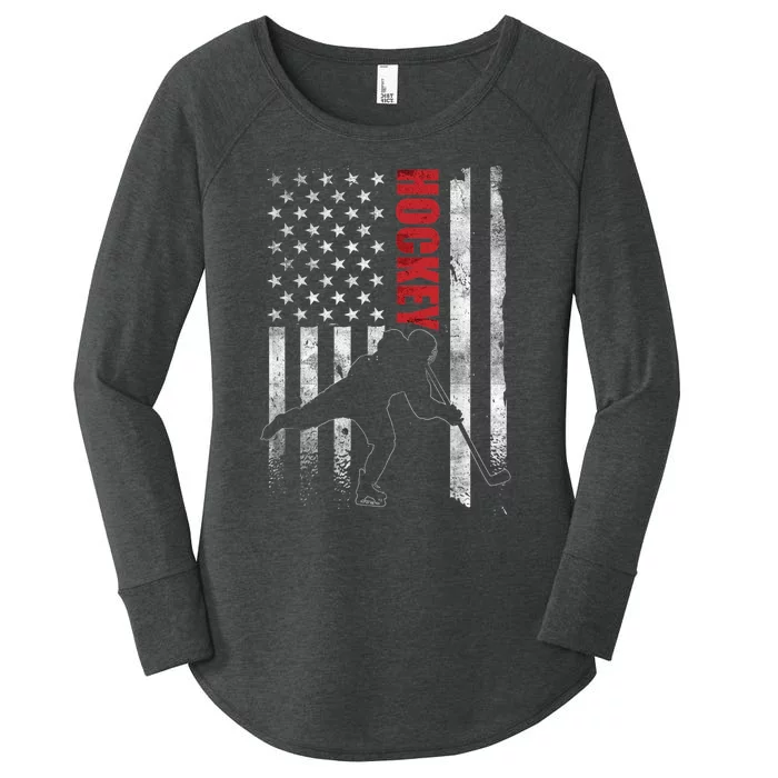 Vintage Ice Hockey American Flag Ice Hockey Player 4th July Women's Perfect Tri Tunic Long Sleeve Shirt