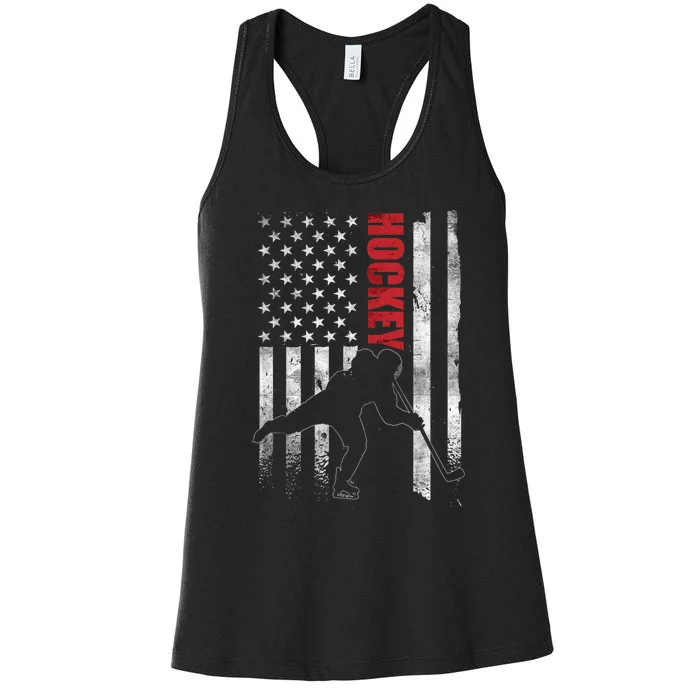 Vintage Ice Hockey American Flag Ice Hockey Player 4th July Women's Racerback Tank