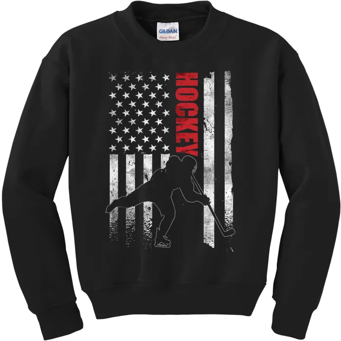 Vintage Ice Hockey American Flag Ice Hockey Player 4th July Kids Sweatshirt