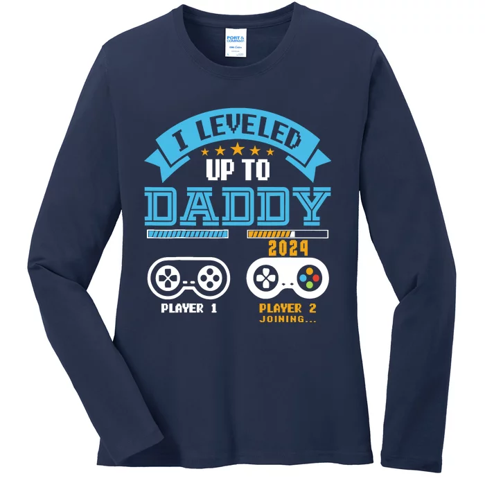 Vintage I Leveled Up To Daddy 2024 Funny Soon To Be Dad 2024 Ladies Long Sleeve Shirt