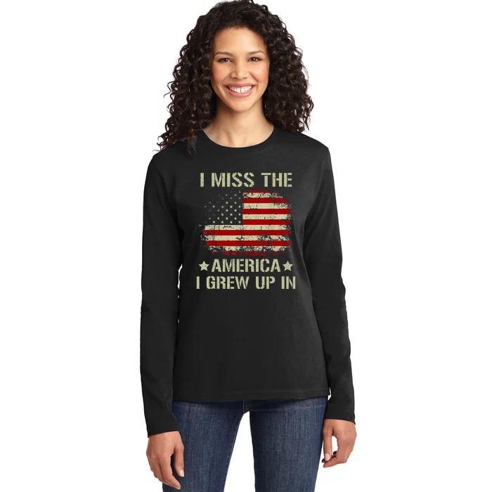 Vintage I Miss The America I Grew Up In American Flag Retro Ladies Long Sleeve Shirt