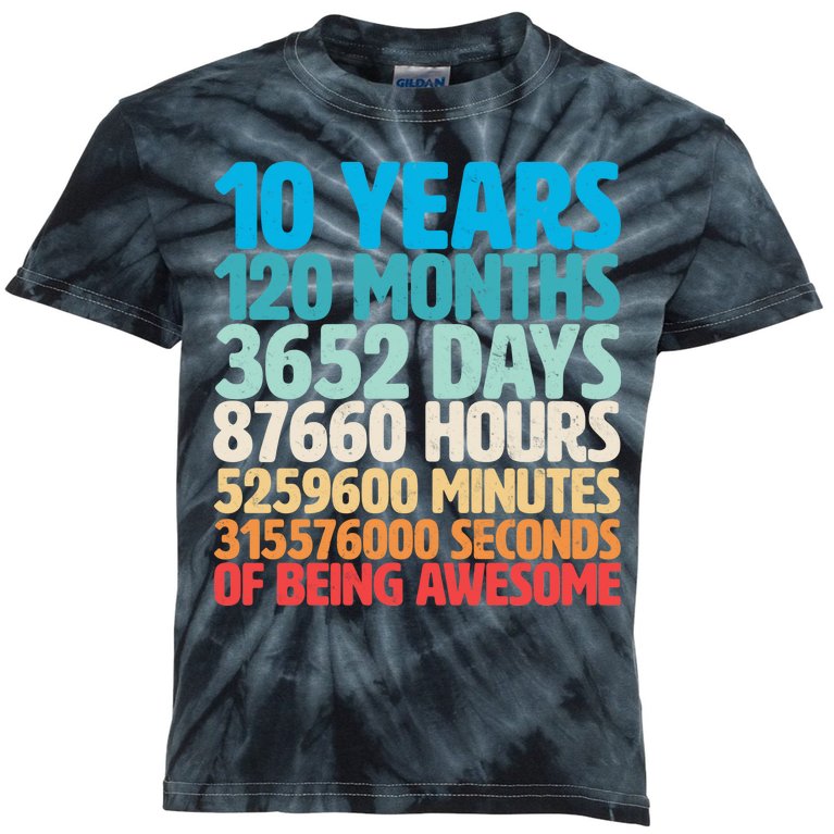 Vintage 10th Birthday 10 Years Old Being Awesome Kids Tie-Dye T-Shirt
