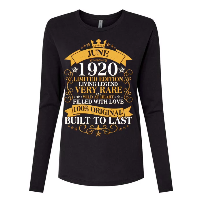 Vintage 1920 Limited Edition June 100th Birthday Womens Cotton Relaxed Long Sleeve T-Shirt