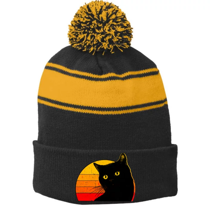 Vintage 80's Style Black Cat Retro Sun Stripe Pom Pom Beanie