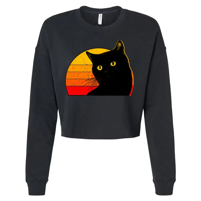 Vintage 80's Style Black Cat Retro Sun Cropped Pullover Crew