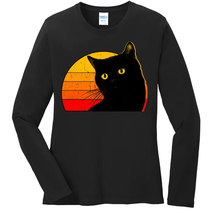 Vintage 80's Style Black Cat Retro Sun Ladies Long Sleeve Shirt