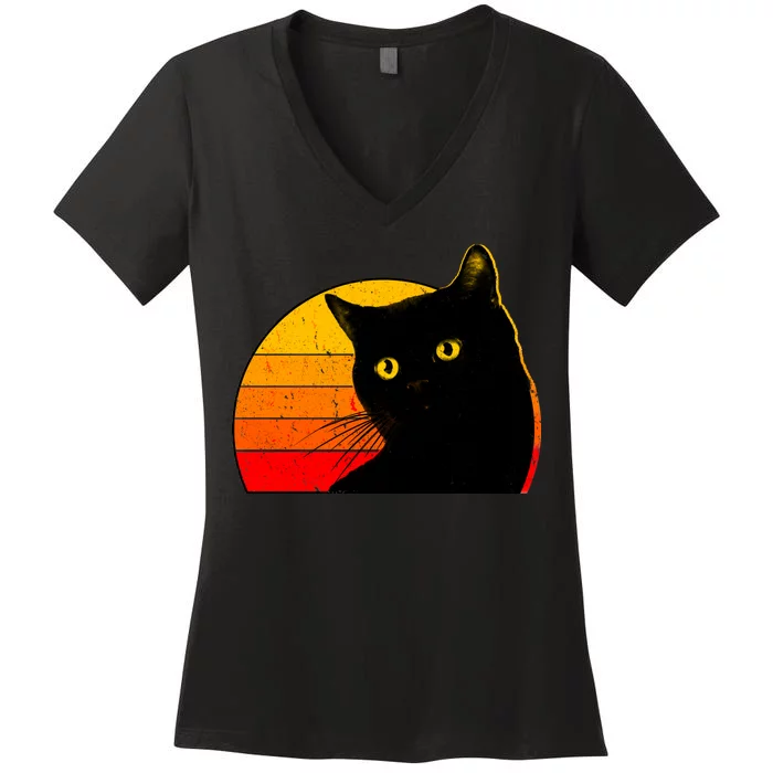 Vintage 80's Style Black Cat Retro Sun Women's V-Neck T-Shirt