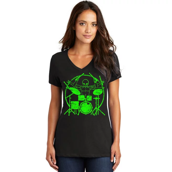 Vintage Alien Drummer Women's V-Neck T-Shirt