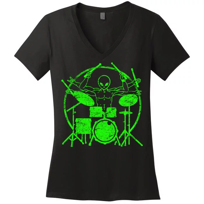 Vintage Alien Drummer Women's V-Neck T-Shirt