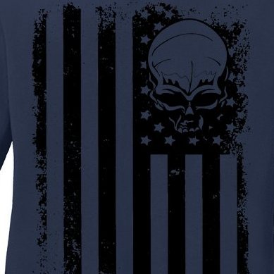 Vintage American Flag Military Skull Ladies Missy Fit Long Sleeve Shirt