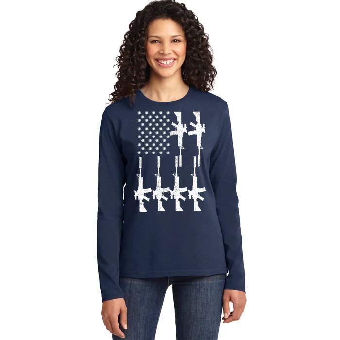 Vintage American Gun Rifle USA Flag Ladies Long Sleeve Shirt