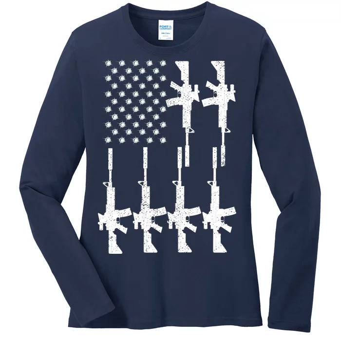 Vintage American Gun Rifle USA Flag Ladies Long Sleeve Shirt