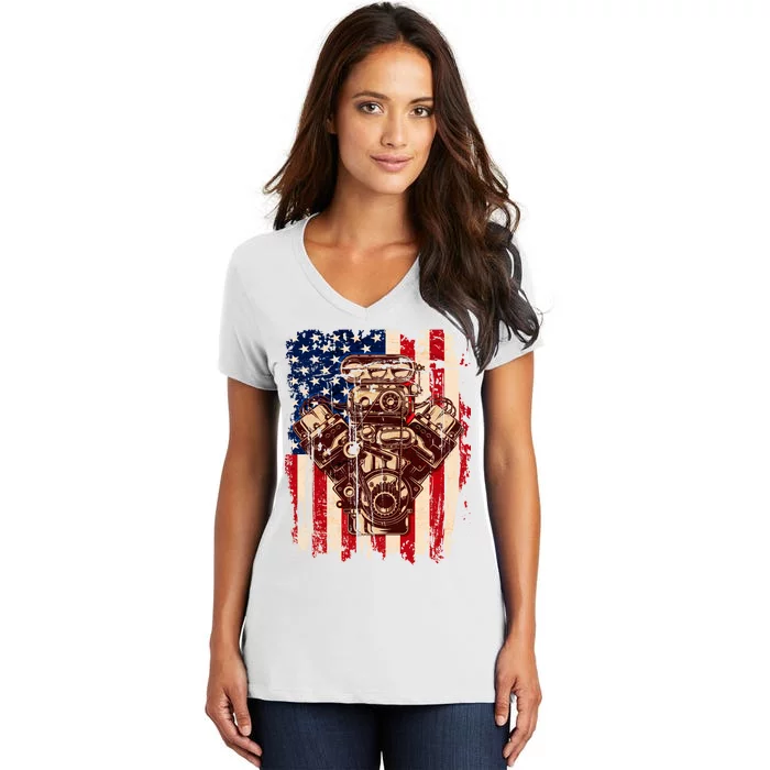 Vintage American Muscle Car Engine Women's V-Neck T-Shirt