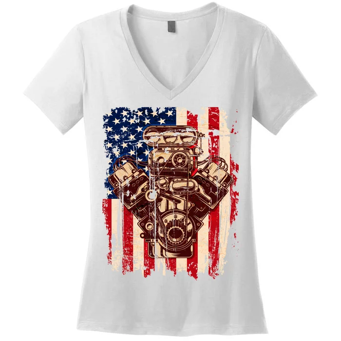 Vintage American Muscle Car Engine Women's V-Neck T-Shirt